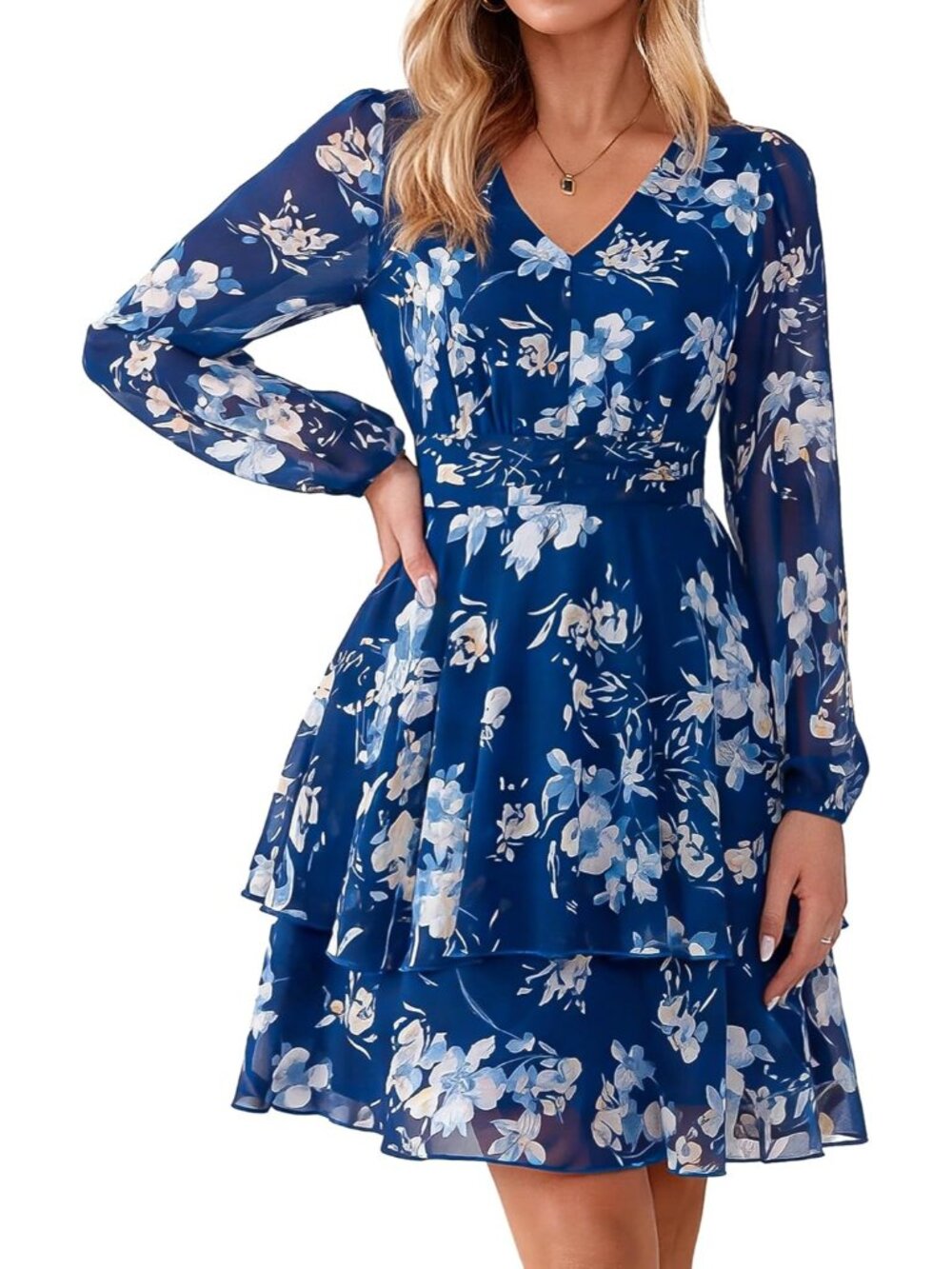 〽️Women’s Blue Boho Floral Dress Long Sleeve Empire Waist Ruffle Tiered